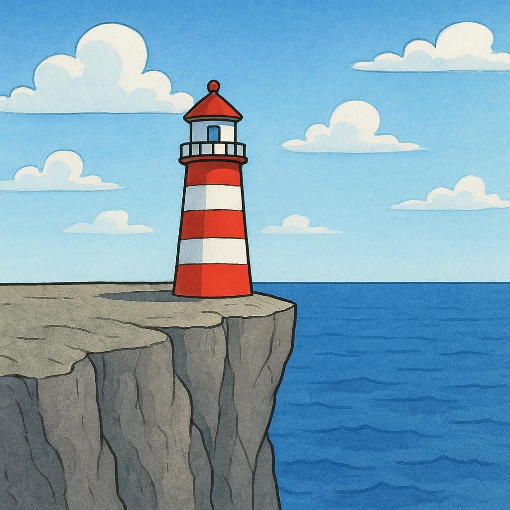 A small, solitary lighthouse stands on a rocky, isolated cliff overlooking a vast, empty ocean.