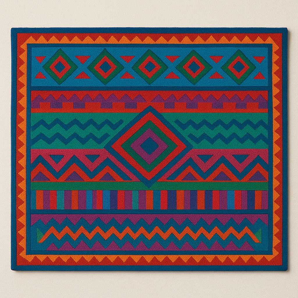 A storybook illustration of a brightly colored, hand-woven textile with traditional indigenous geometric patterns.