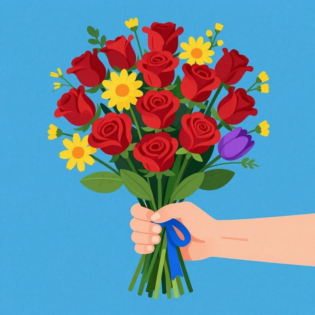 Ein bunter Blumenstrauß aus verschiedenen Blumen, gebunden mit einem einfachen Band.