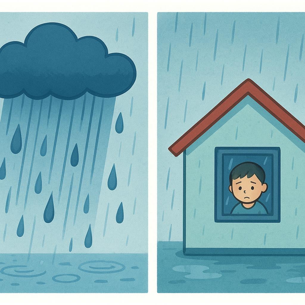 A two-panel illustration showing cause and effect: the left panel shows heavy rain, and the right panel shows a disappointed child looking out a window.