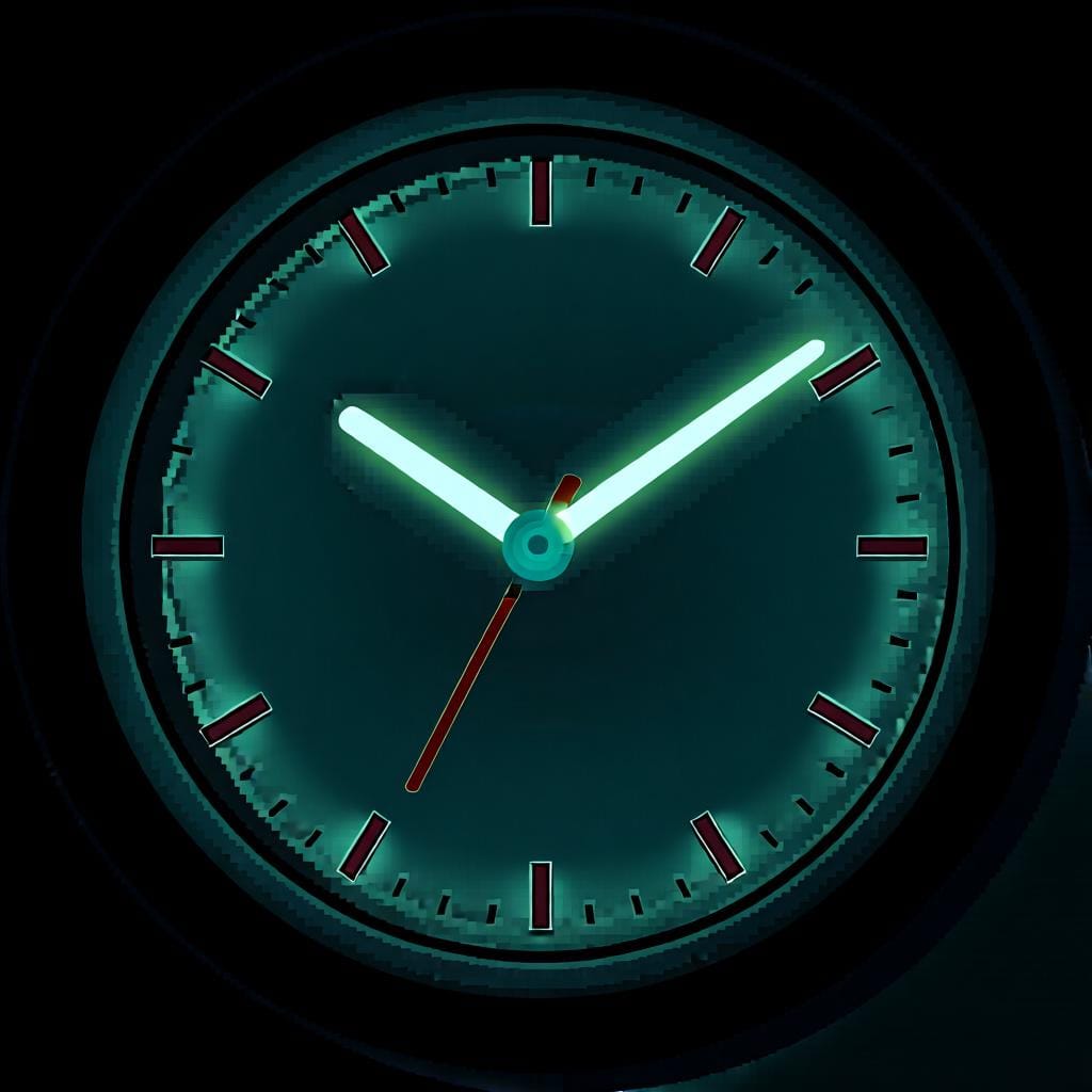 A simple clock face with its hands pointing to the current time, with a soft glow on the second hand to emphasize this exact moment.