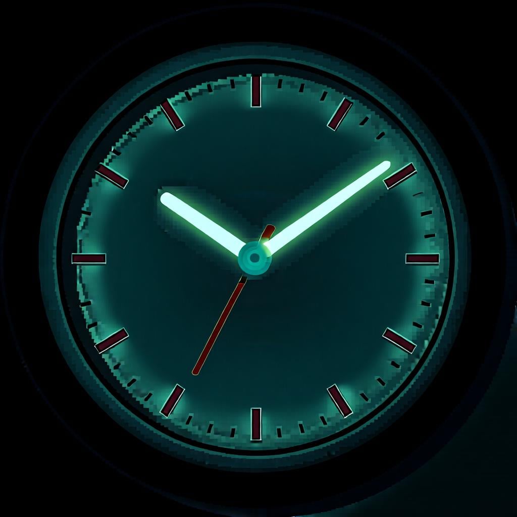 A simple clock face with its hands pointing to the current time, with a soft glow on the second hand to emphasize this exact moment.