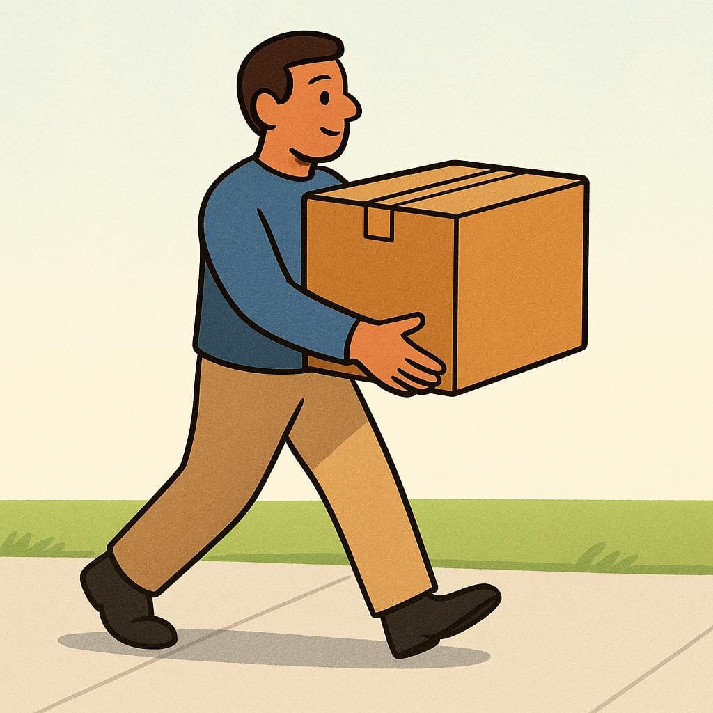 A young person struggling slightly while carrying a large, brown cardboard box in their arms.