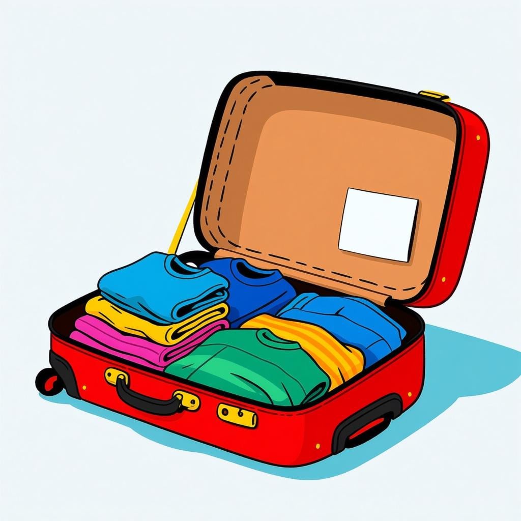A brightly colored suitcase packed full of clothes, but with one small, clearly delineated, empty rectangular space remaining.