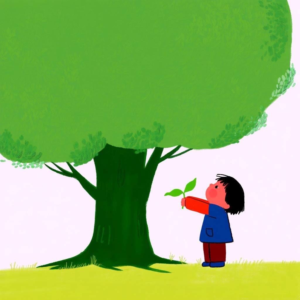A small child holding a tiny green seedling, looking up at a massive, fully grown tree, symbolizing belief in growth and potential.