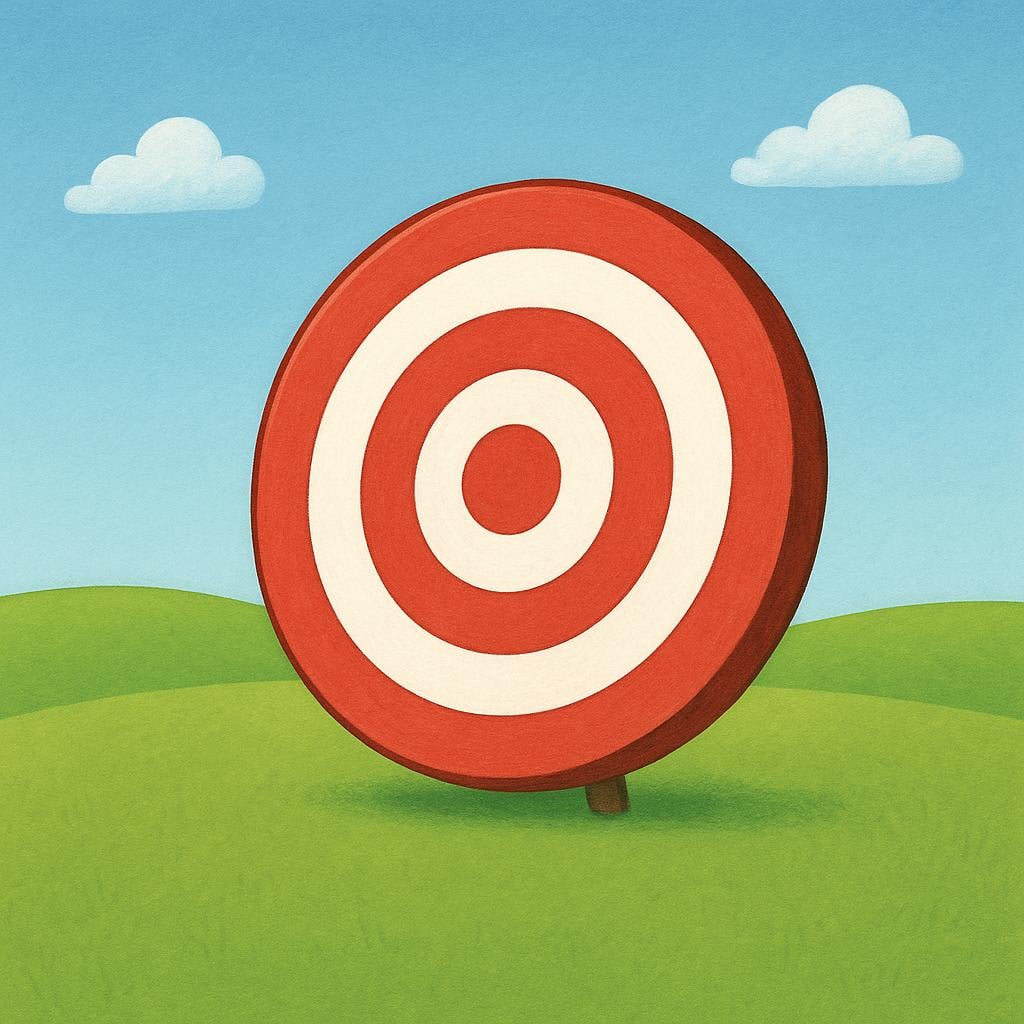 A simple red and white bullseye target placed on a stand in a green field, symbolizing an objective.