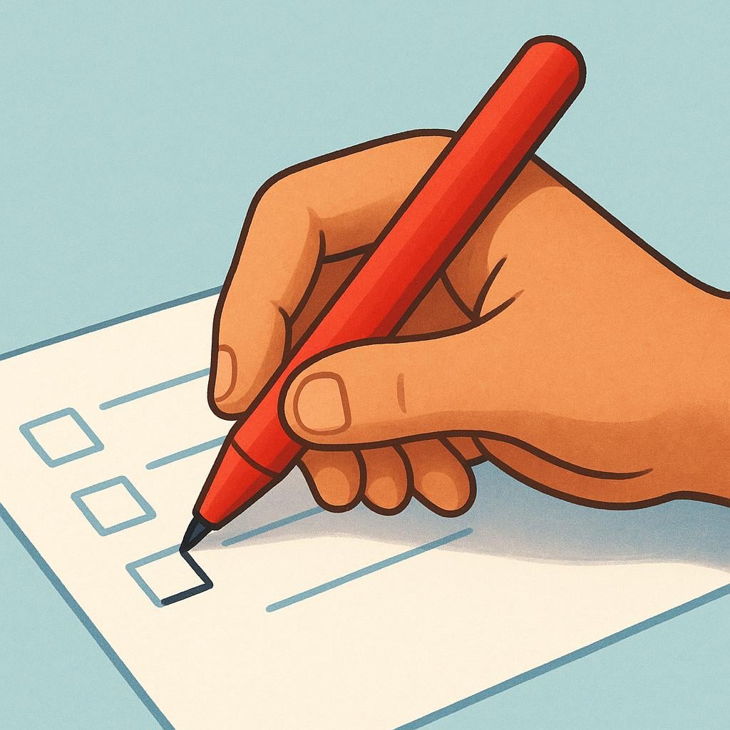 A close-up shot of a stylized hand holding a red pen, actively filling in the last blank line on a simple white paper form.