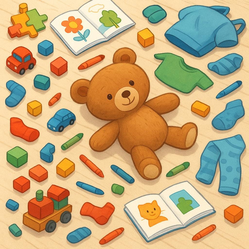 A colorful illustration of a bedroom floor completely covered in scattered toys, clothes, and books, depicting extreme disorganization and a mess.