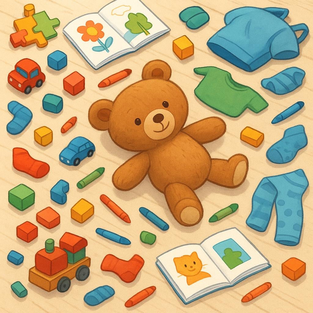 A colorful illustration of a bedroom floor completely covered in scattered toys, clothes, and books, depicting extreme disorganization and a mess.