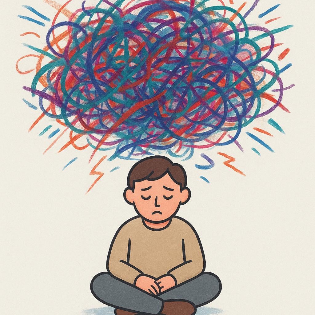 A solitary figure sitting quietly, but a storm of swirling, colorful abstract shapes erupts from their head, symbolizing mental turmoil or the state of madness.