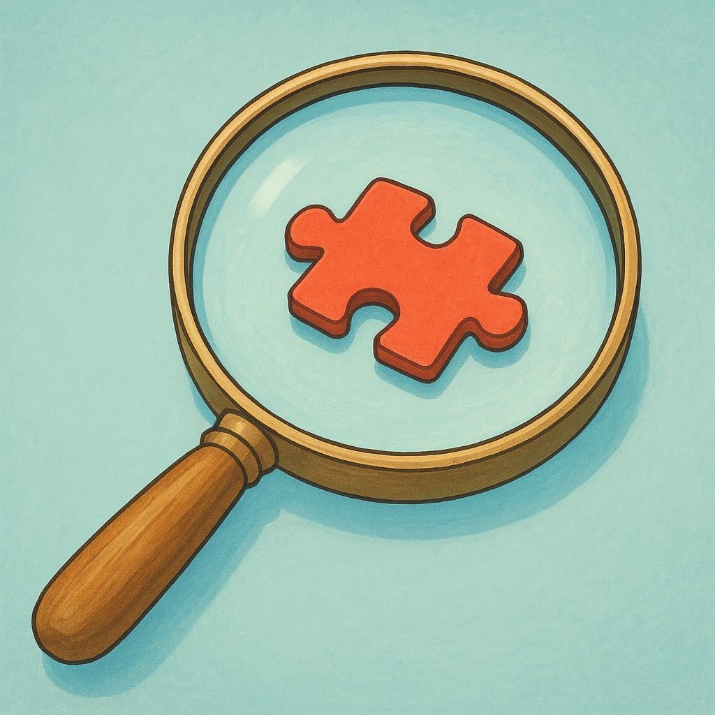 A large magnifying glass is used to closely examine a small, bright red puzzle piece resting on a plain surface.