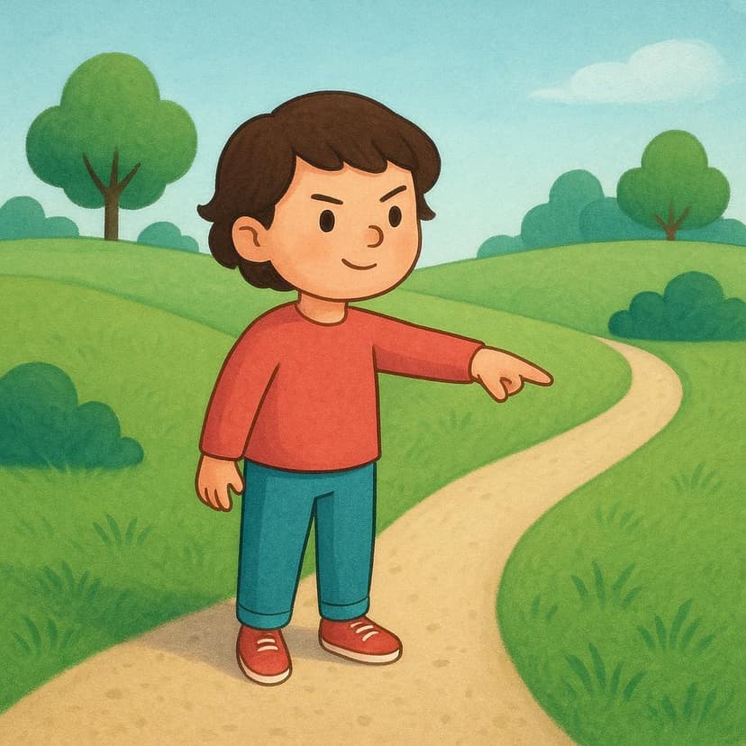 A stylized illustration showing a child standing at a simple fork in a grassy path. The child is actively making a choice by pointing definitively down the left path.