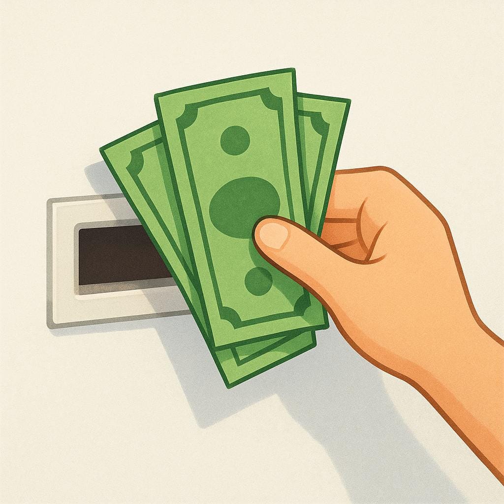 Uma mão estilizada pegando algumas notas simples de papel verde de uma fenda retangular em uma parede, representando um saque de dinheiro.