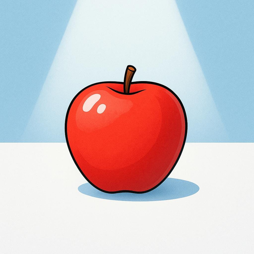 Ein einzelner, perfekt reifer roter Apfel zentriert auf einem schlichten weißen Tisch, klar beleuchtet von einem fokussierten Scheinwerfer, was Selbstverständlichkeit demonstriert.