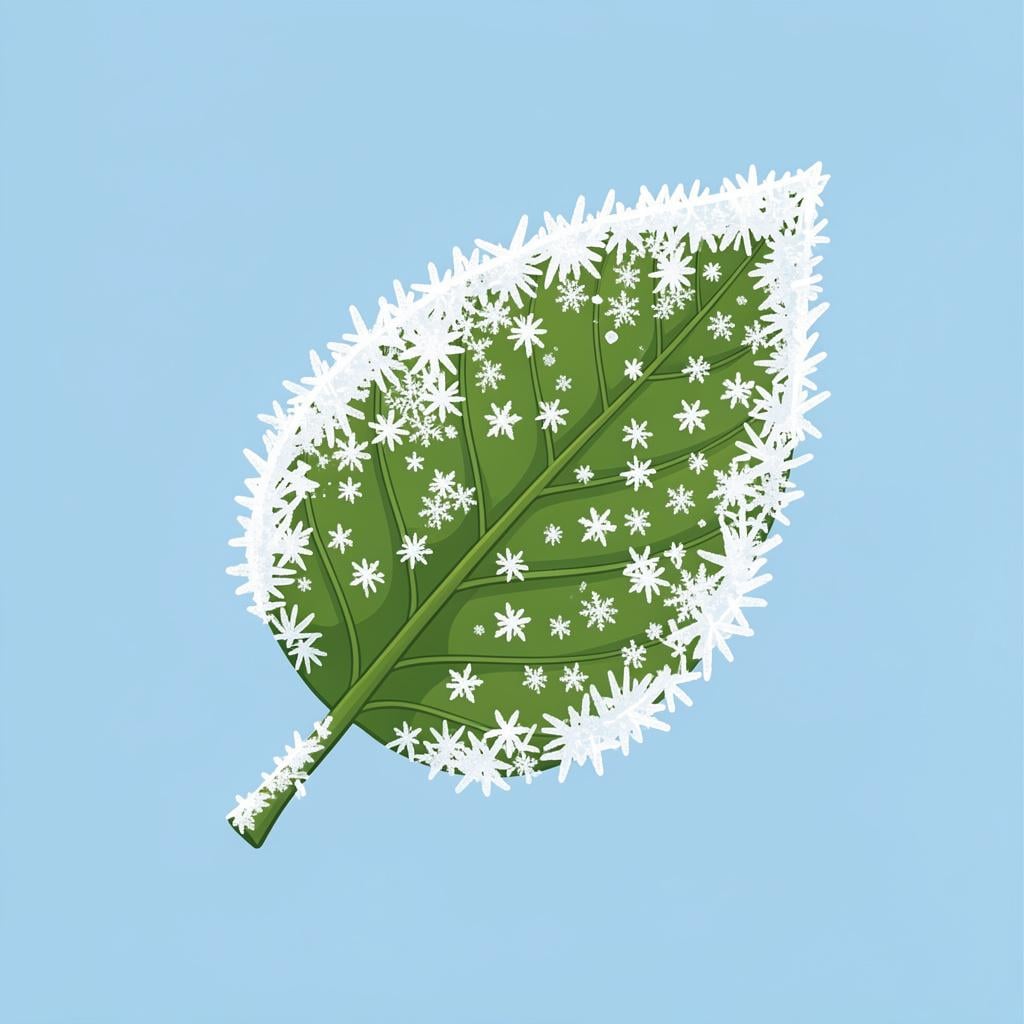 A single green leaf completely covered in sparkling white frost and ice crystals.