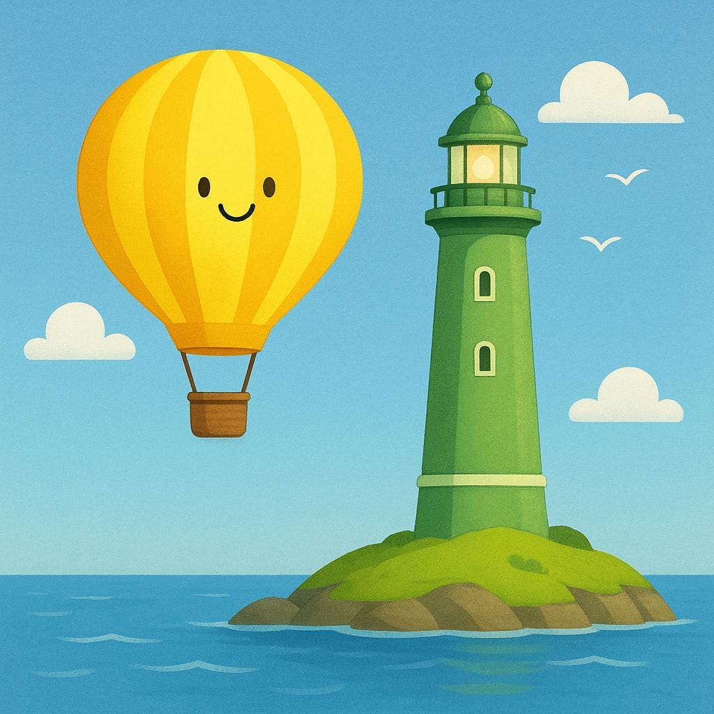 Een vrolijke gele heteluchtballon wordt over het water zien vliegen, dichterbij komend bij een hoge groene vuurtoren op een klein eiland.