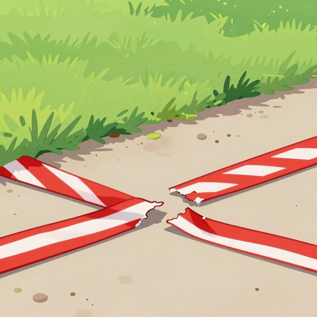 Uma fita de barreira vermelha e branca que foi rasgada e pisada em um caminho.