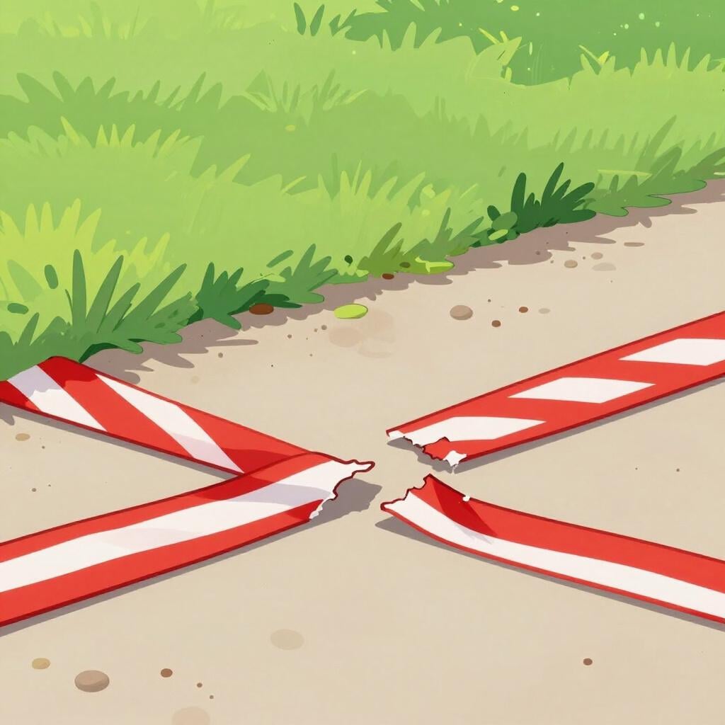 A red and white barrier tape that has been torn and stepped over on a path.