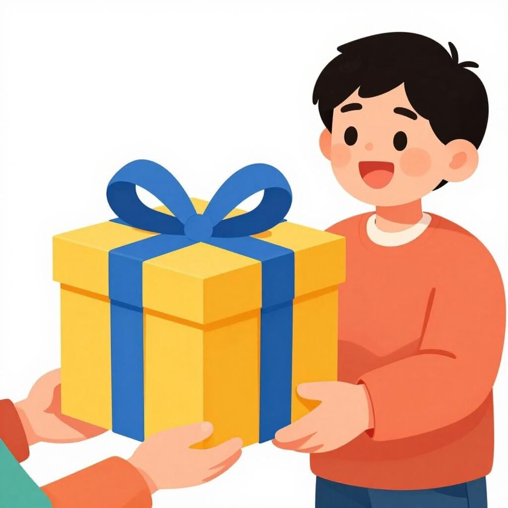 A smiling person receiving a wrapped gift box from another person.