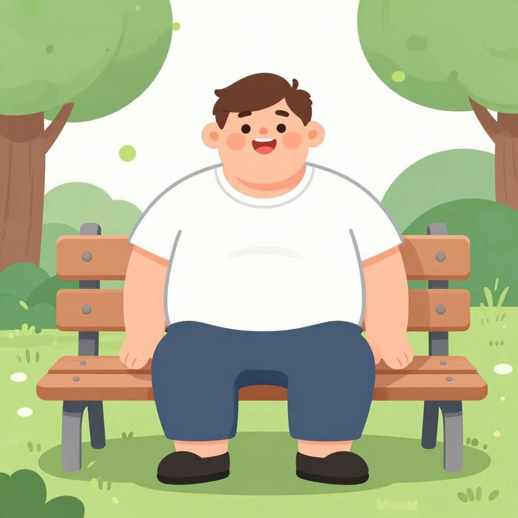 Un personnage adulte simplement dessiné avec une forte corpulence, assis sur un banc de parc.