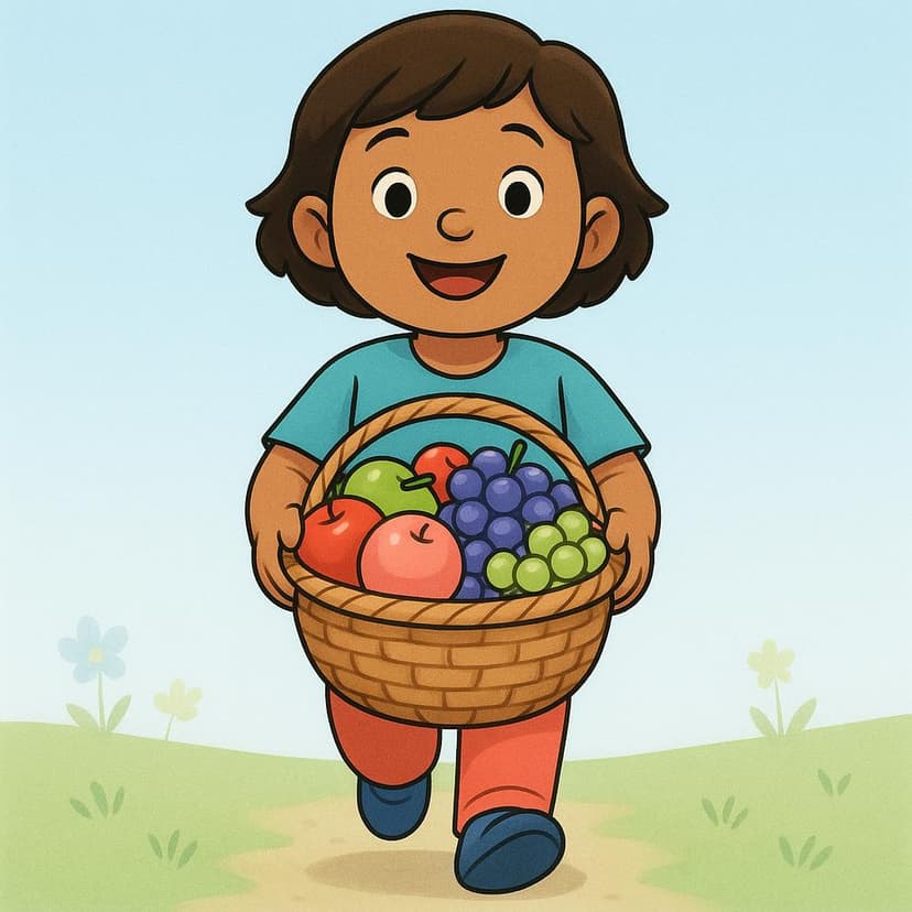 A child walking happily towards the viewer, carrying a small basket of fresh fruit, illustrating movement toward the speaker.