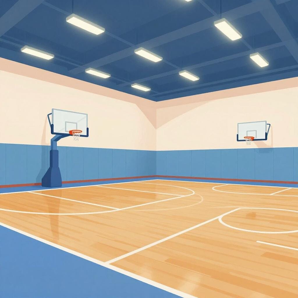 A high-quality illustration of a bright indoor sports hall with polished wooden floors and basketball hoops.