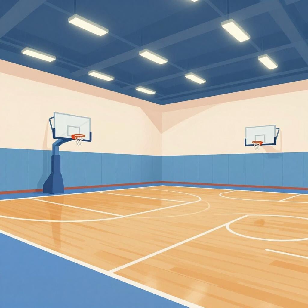 Een hoogwaardige illustratie van een lichte sporthal met gepolijste houten vloeren en basketbalringen.