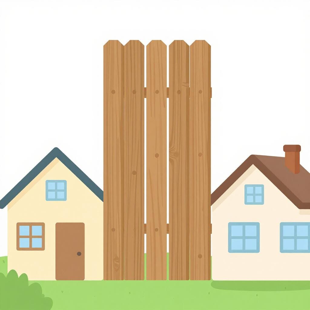 Een hoog houten hek dat tussen een klein groen huis en een klein geel huis wordt geplaatst.