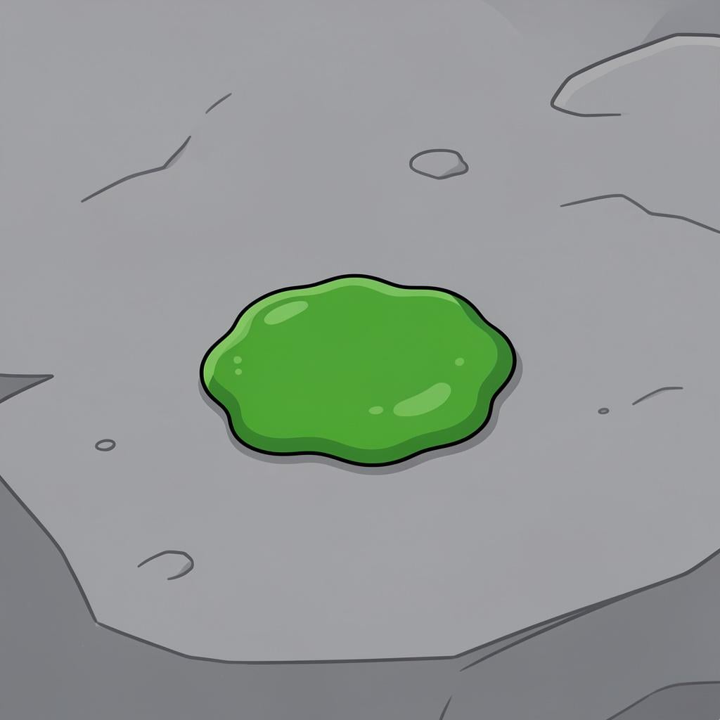 A green puddle of liquid on a grey sidewalk.