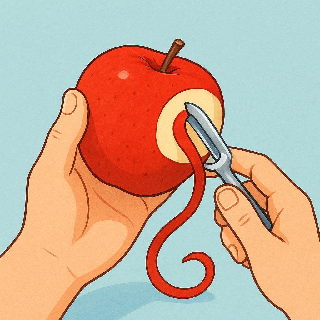 Eine Hand hält einen roten Apfel und benutzt einen kleinen silbernen Sparschäler, um die dünne rote Schale zu entfernen.