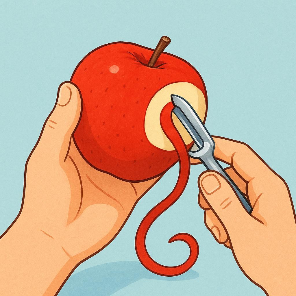 Une main tenant une pomme rouge et utilisant un petit économe argenté pour enlever la fine peau rouge.
