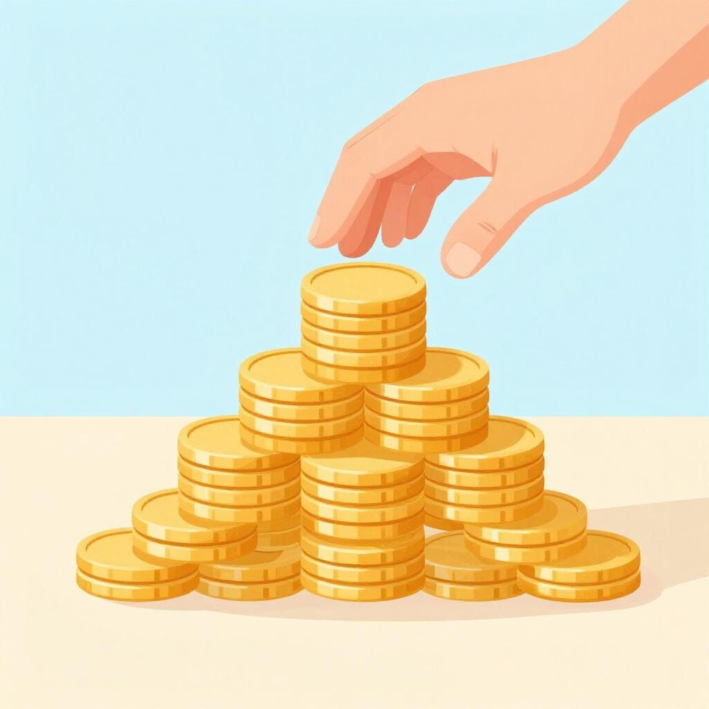 A stack of gold coins arranged in a triangle shape with a hand reaching for the top coin.
