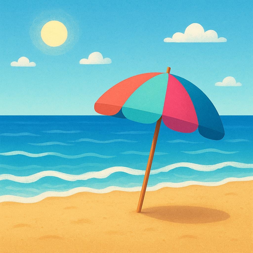 A wide expanse of golden sand meeting gentle blue ocean waves under a bright sunny sky, featuring a single, colorful beach umbrella planted in the sand.