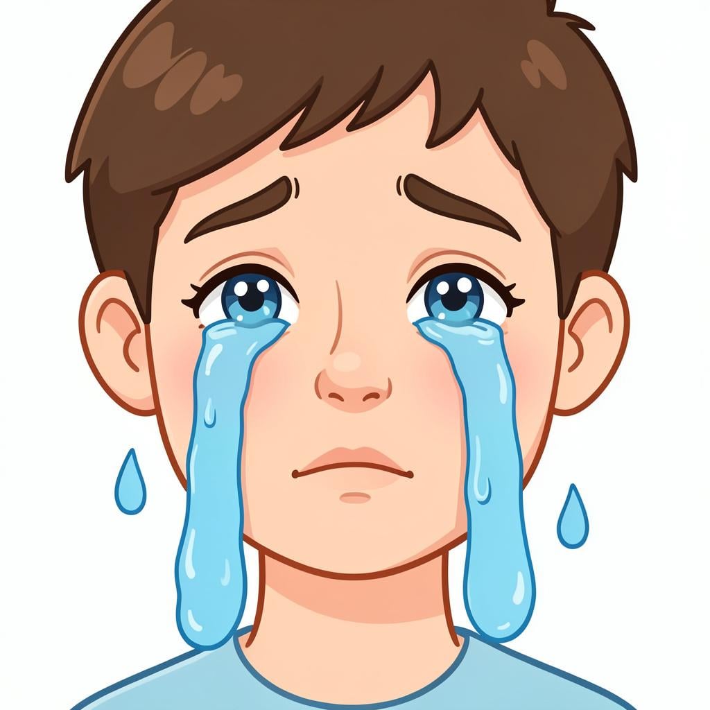 A close-up illustration of a friendly person with visible tears rolling down their cheeks.