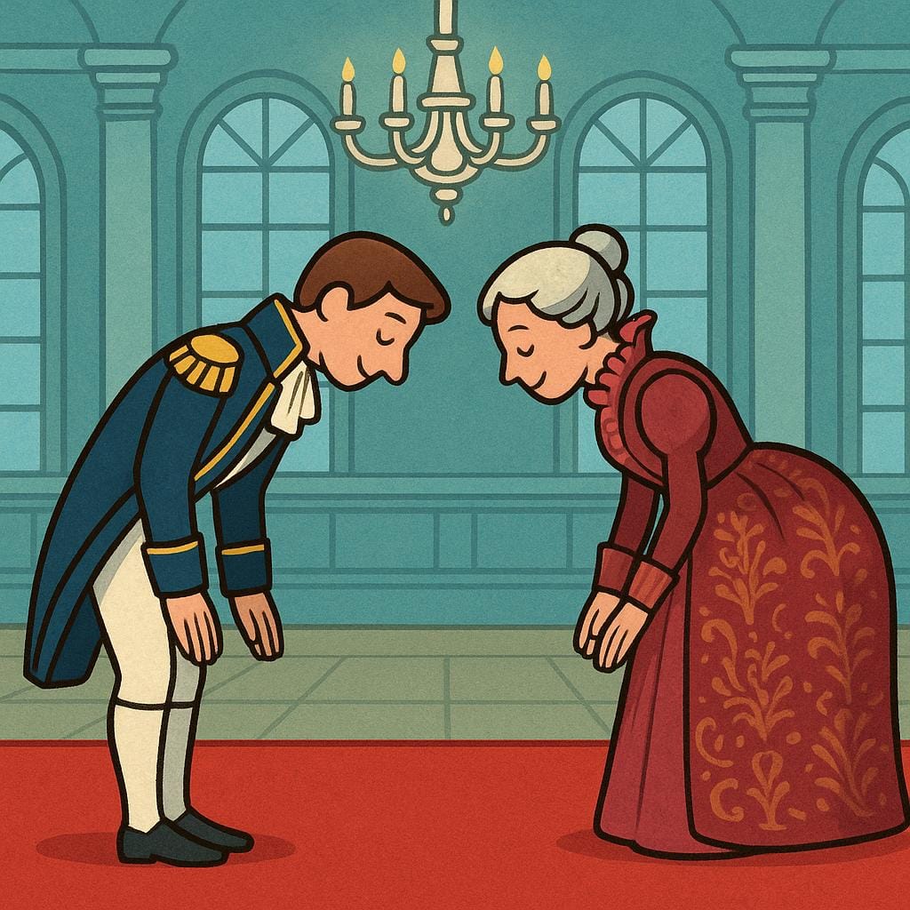 Two cartoonish figures dressed in overly stiff, elaborate formal clothing performing an exaggerated, rigid, and deep bow to each other.