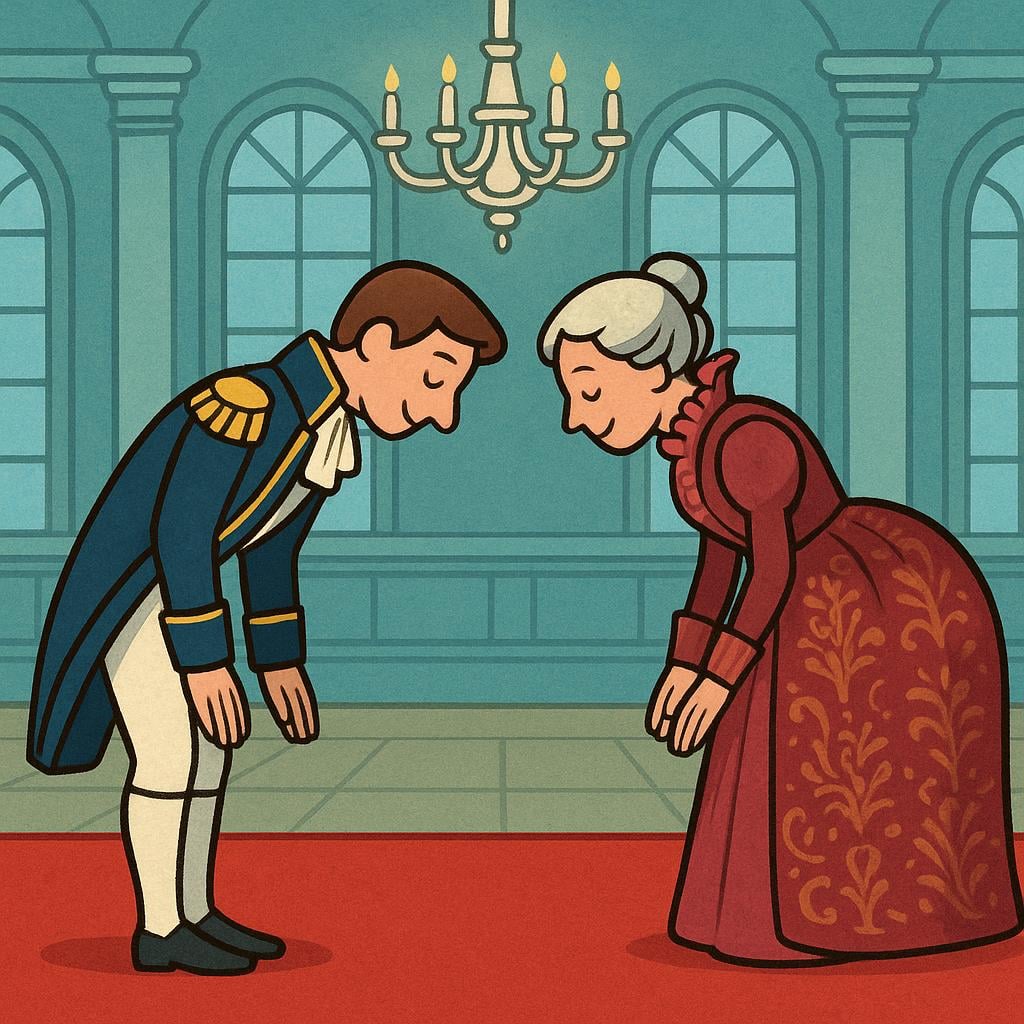 Two cartoonish figures dressed in overly stiff, elaborate formal clothing performing an exaggerated, rigid, and deep bow to each other.