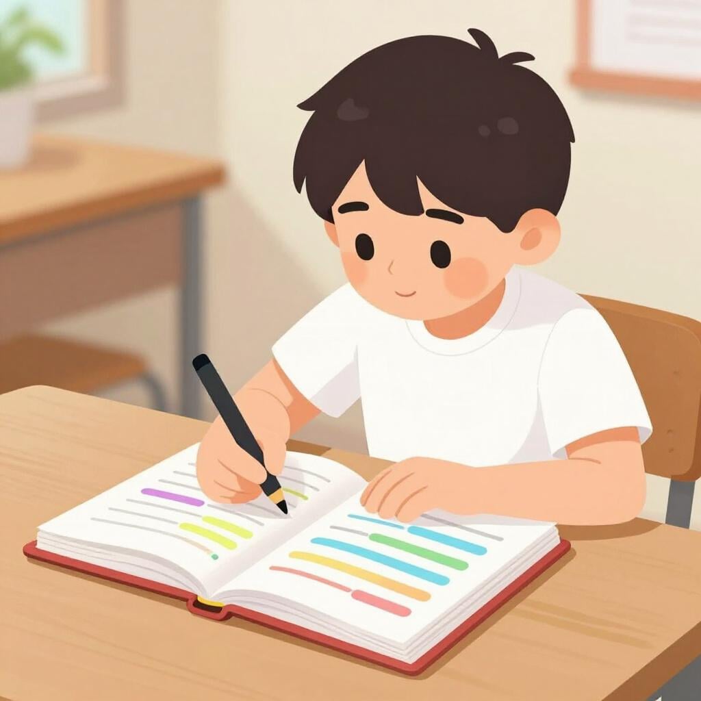 A student at a wooden desk carefully reading through a notebook with colored highlights.