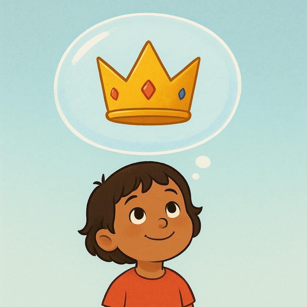 A colorful storybook illustration showing a smiling child gazing happily upwards at a large, clear thought bubble floating above their head. Inside the thought bubble is a simple golden crown, symbolizing a potential or hypothetical future.