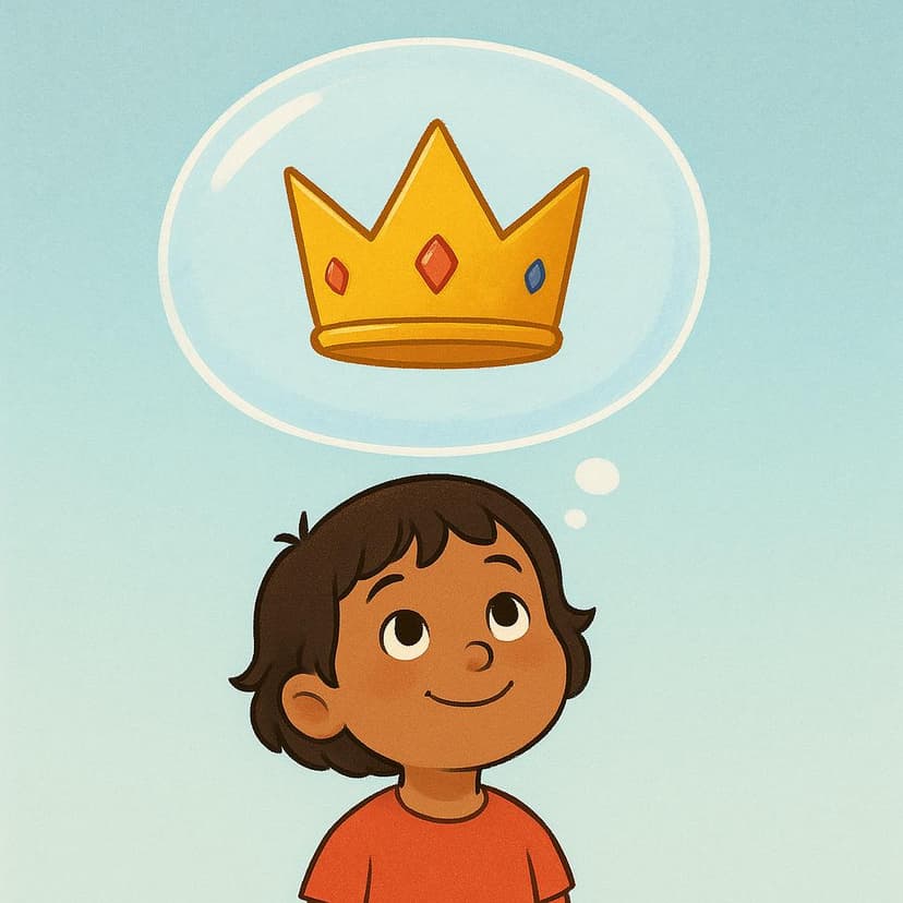 A colorful storybook illustration showing a smiling child gazing happily upwards at a large, clear thought bubble floating above their head. Inside the thought bubble is a simple golden crown, symbolizing a potential or hypothetical future.