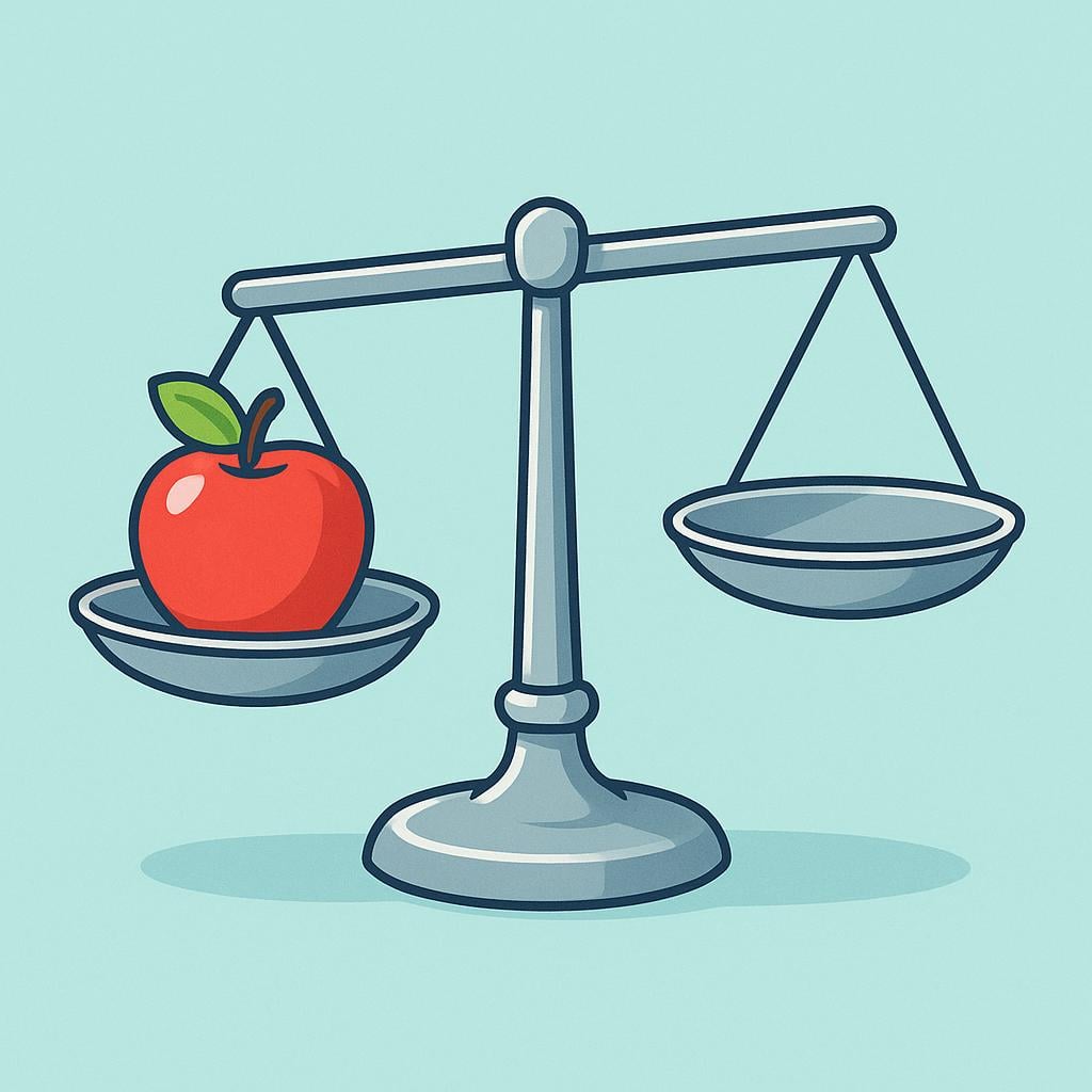A simple, classic balance scale with a large red apple placed on one pan, causing that side to dip down.
