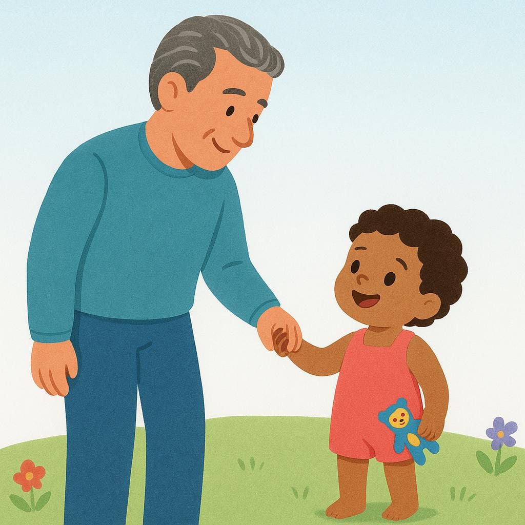 A tall adult with slightly graying hair smiling down warmly at a much shorter, younger child, illustrating the comparison of ages.