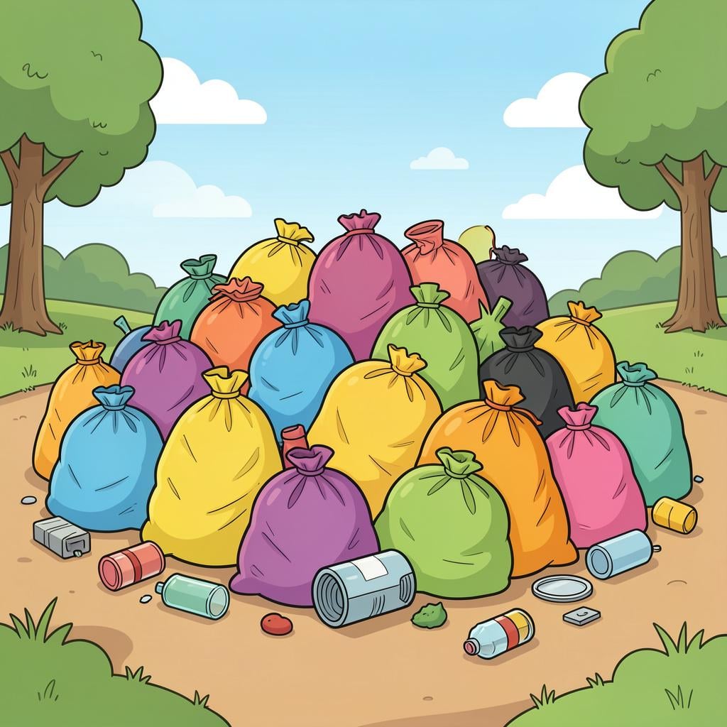 A large pile of colorful discarded items and bags in an open field.