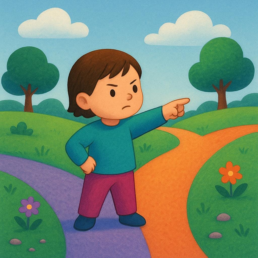 Uma criança está em uma bifurcação em um caminho colorido na floresta, apontando firmemente para o caminho da direita com uma expressão confiante, ilustrando a tomada de uma decisão.