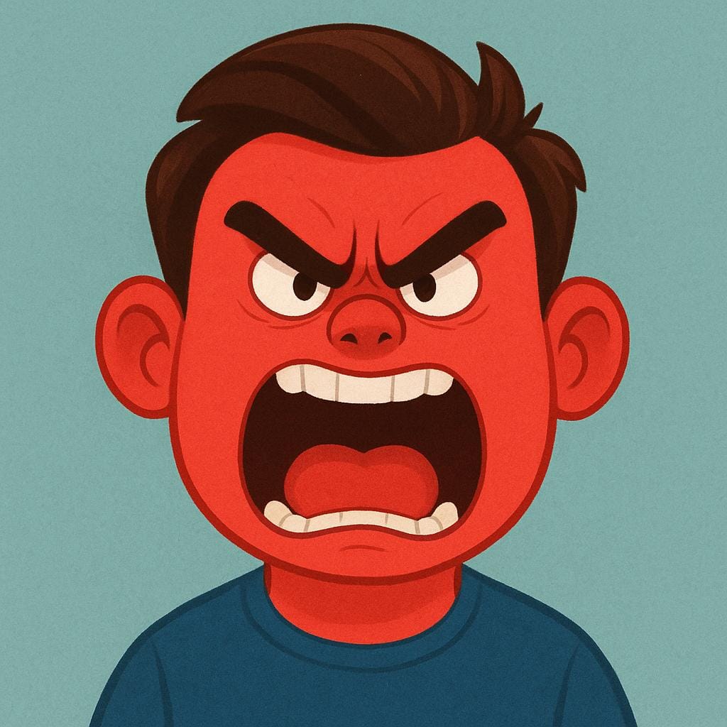 A simplified illustration of an extremely angry character with a bright red face, furrowed brows, and steam coming from its head.