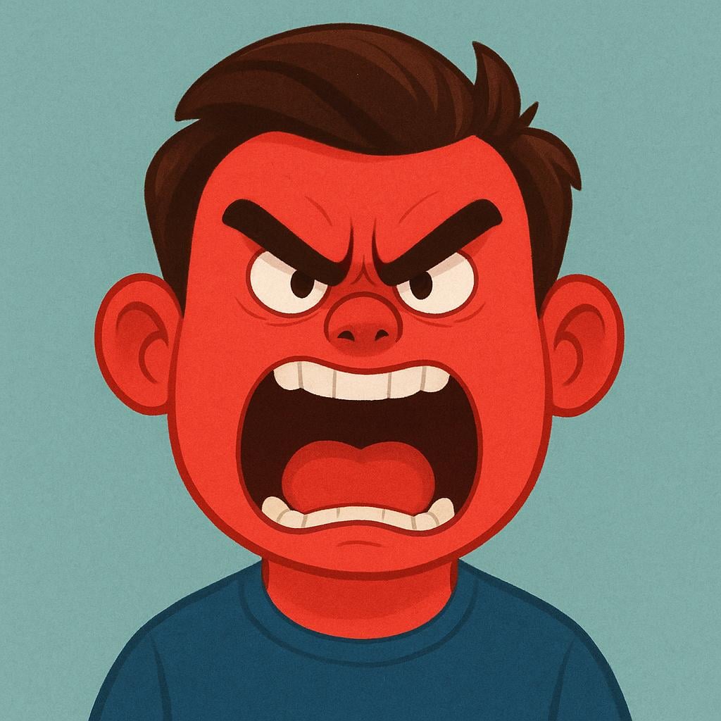 A simplified illustration of an extremely angry character with a bright red face, furrowed brows, and steam coming from its head.
