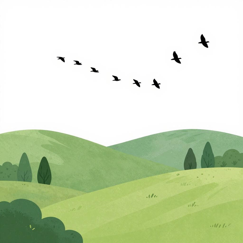 Een groep vogels die in formatie vliegt boven een groen boslandschap.