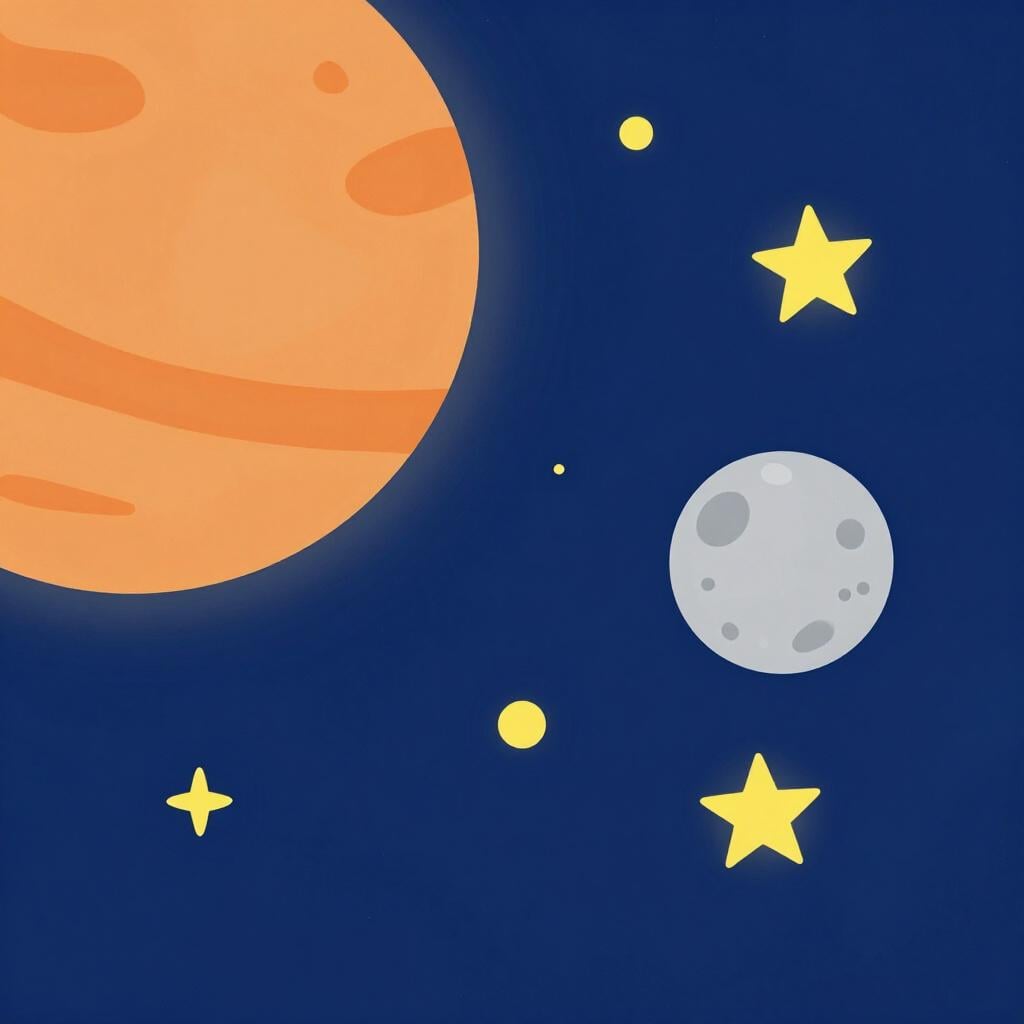 A colorful depiction of space showing a large planet, a crescent moon, and several twinkling stars.