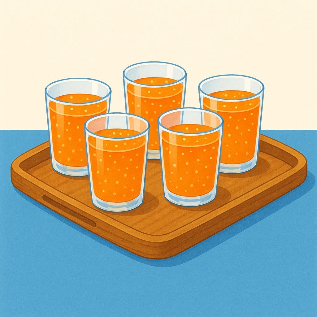 A wooden serving tray holding five identical glasses filled with sparkling orange soda, ready to be served to a group.