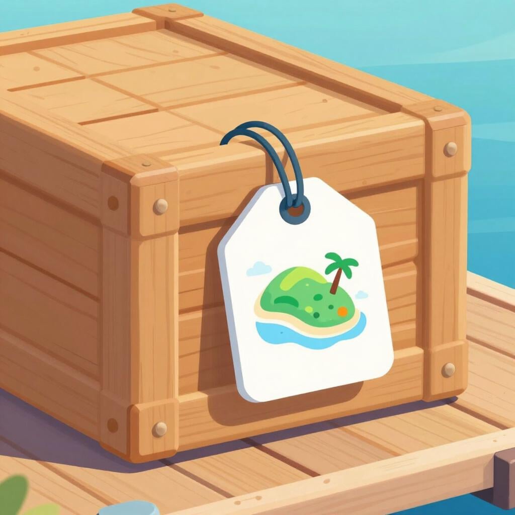 A wooden crate with a tag showing a map of a tropical island.