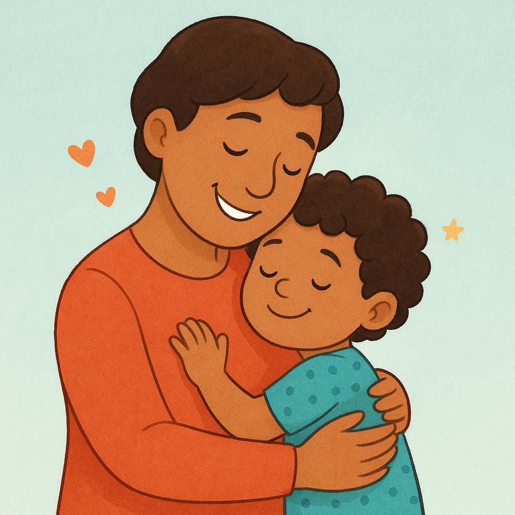 A smiling adult figure gently embracing a small child, illustrating a deep bond of affection and endearment.